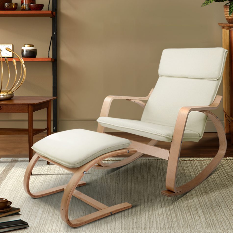 Artiss Rocking Armchair Footstool Bentwood Beige - Image 8