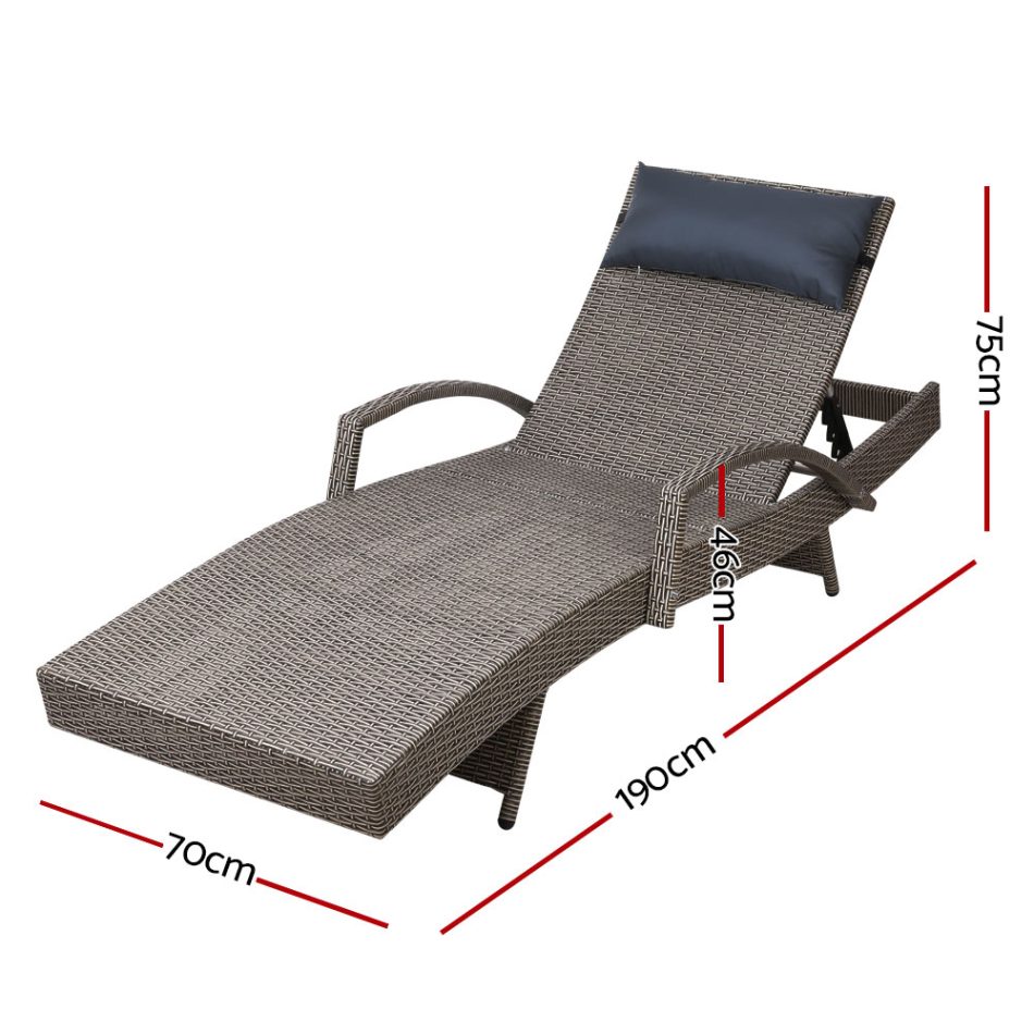 Gardeon 2x Sun Lounge Wicker Lounger Outdoor Furniture Beach Armchair Adjustable Grey&Beige - Image 2
