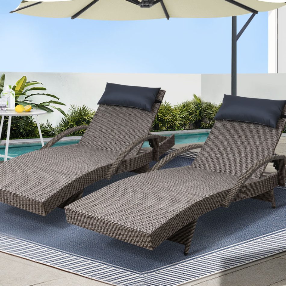 Gardeon 2x Sun Lounge Wicker Lounger Outdoor Furniture Beach Armchair Adjustable Grey&Beige - Image 8