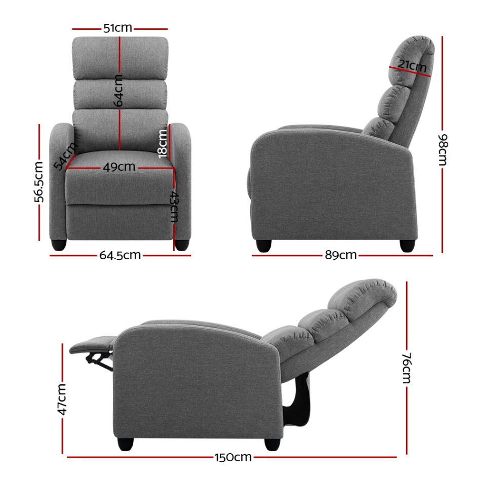 Artiss Recliner Armchair Grey Fabric Bolivia - Image 2