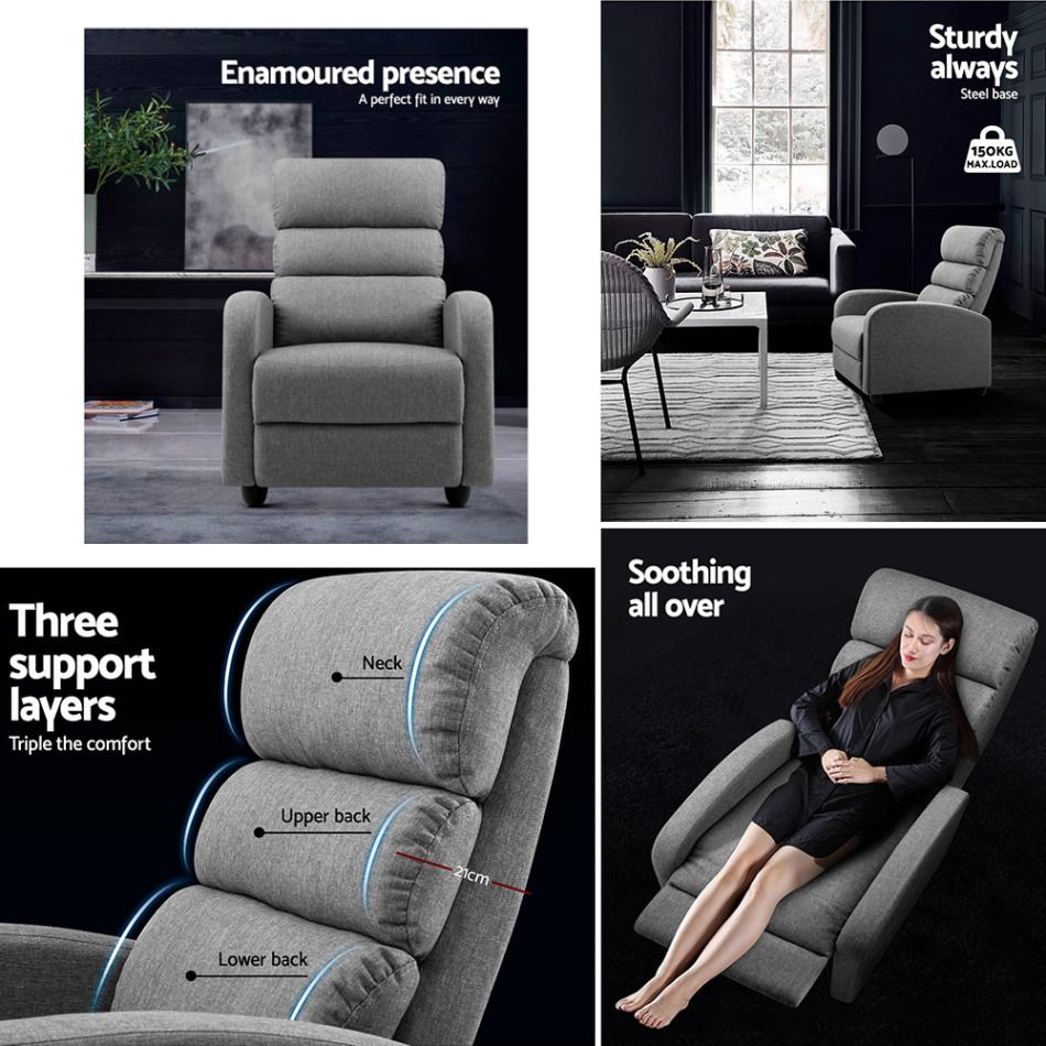 Artiss Recliner Armchair Grey Fabric Bolivia - Image 4