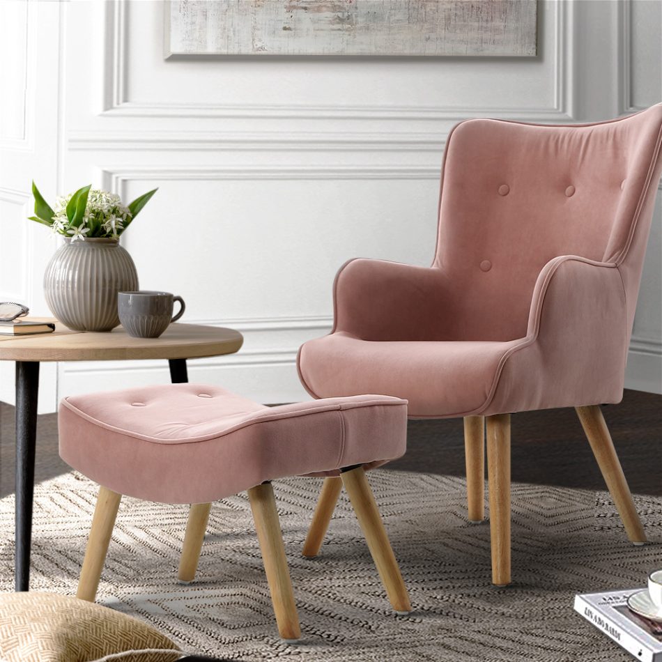Artiss Armchair Set with Ottoman Pink Lansar - Image 8