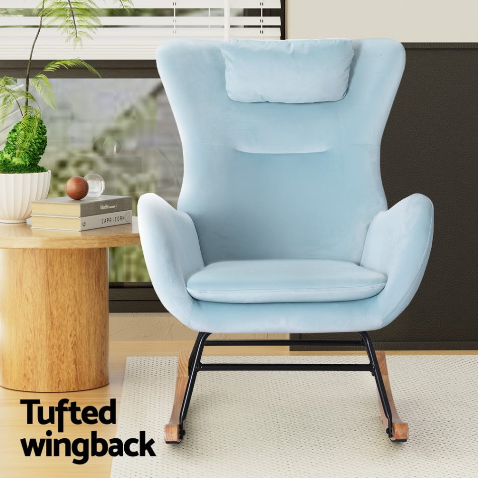 Artiss Rocking Chair Armchair Pillow Velvet Blue - Image 5