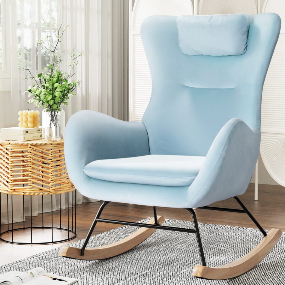 Artiss Rocking Chair Armchair Pillow Velvet Blue - Image 7