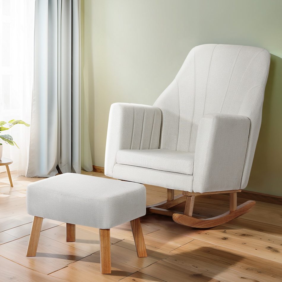 Artiss Rocking Chair Armchair Linen Fabric Beige Jonah - Image 7
