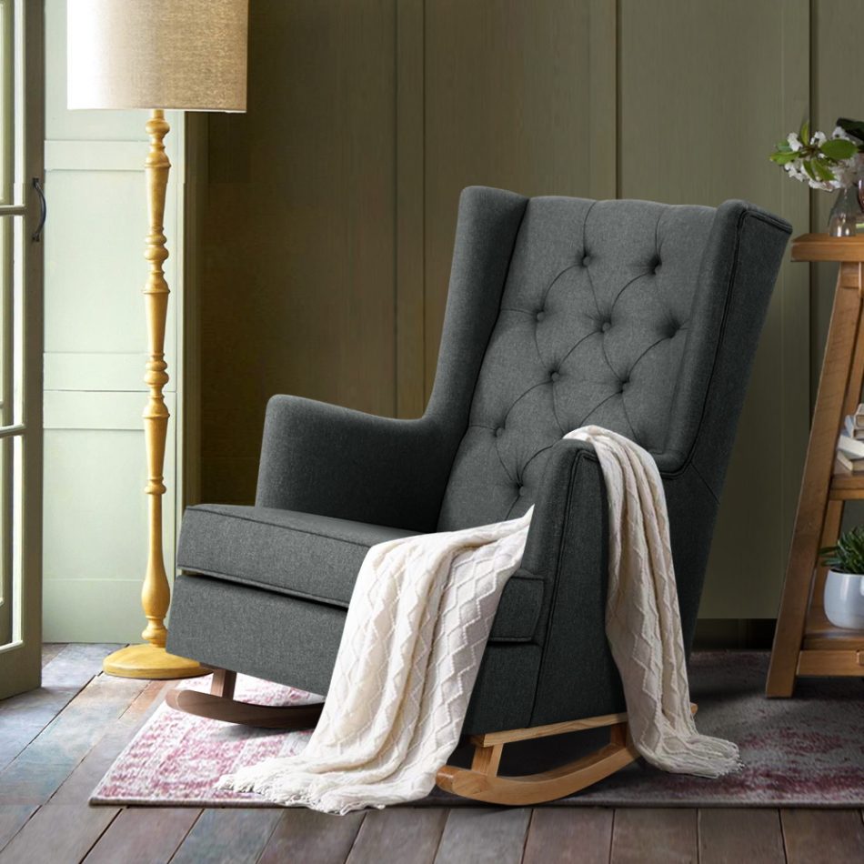Artiss Rocking Chair Armchair Linen Fabric Charcoal Gaia - Image 8