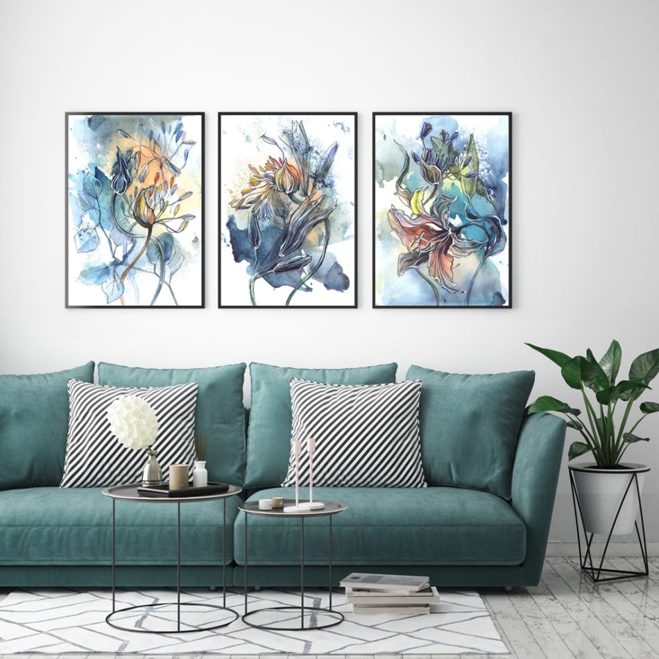 Wall Art 40cmx60cm Watercolor Style Abstract Flower 3 Sets Black Frame Canvas - Image 2