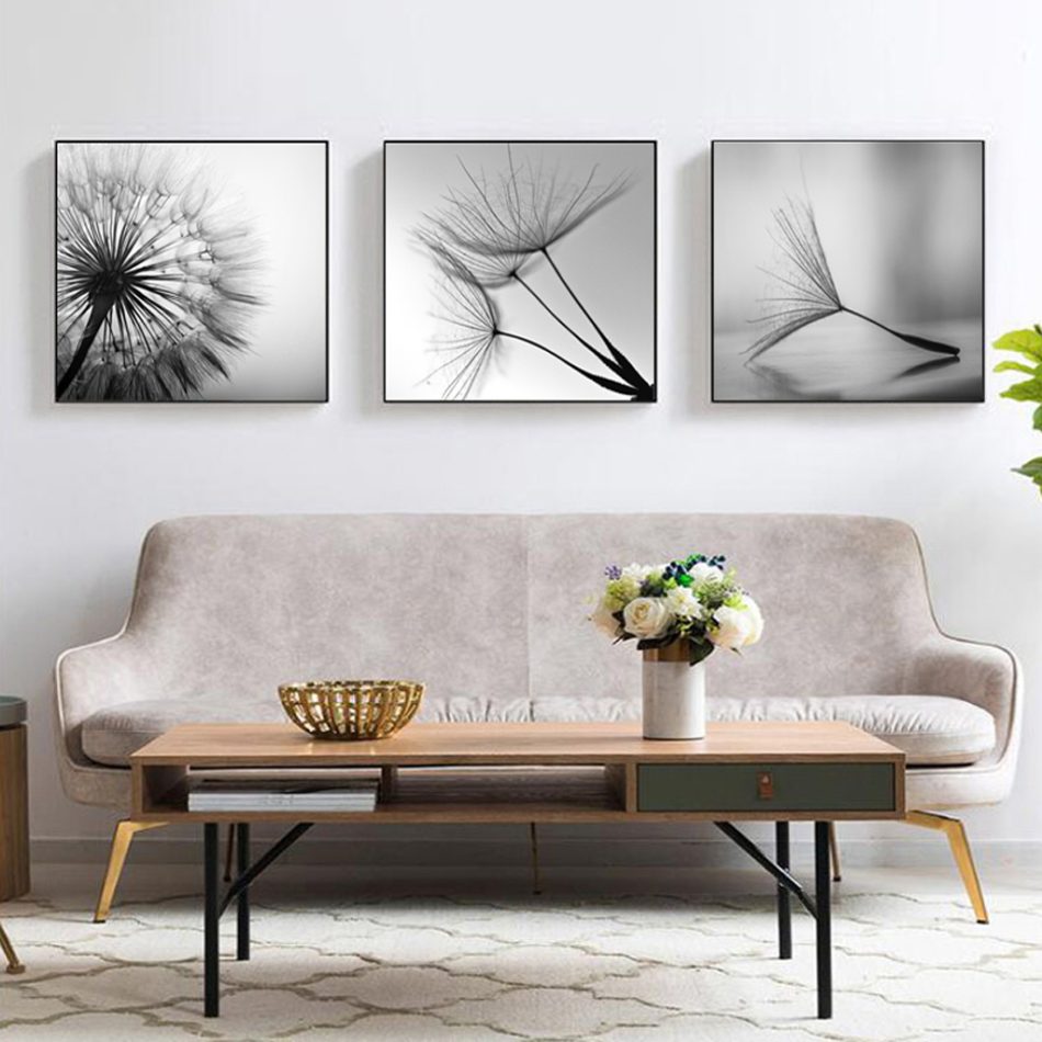 Wall Art 70cmx70cm Botanical dandelions 3 Sets Black Frame Canvas - Image 4