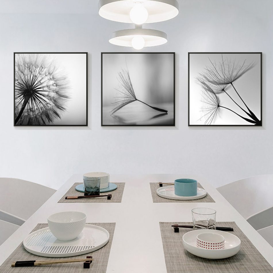 Wall Art 70cmx70cm Botanical dandelions 3 Sets Black Frame Canvas - Image 2
