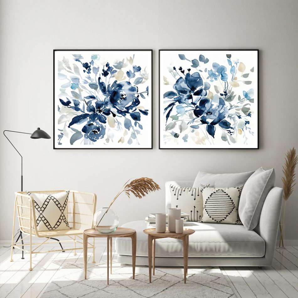 Wall Art 60cmx60cm Indigo Garden By Carol Robinson 2 Sets Black Frame Canvas - Image 2
