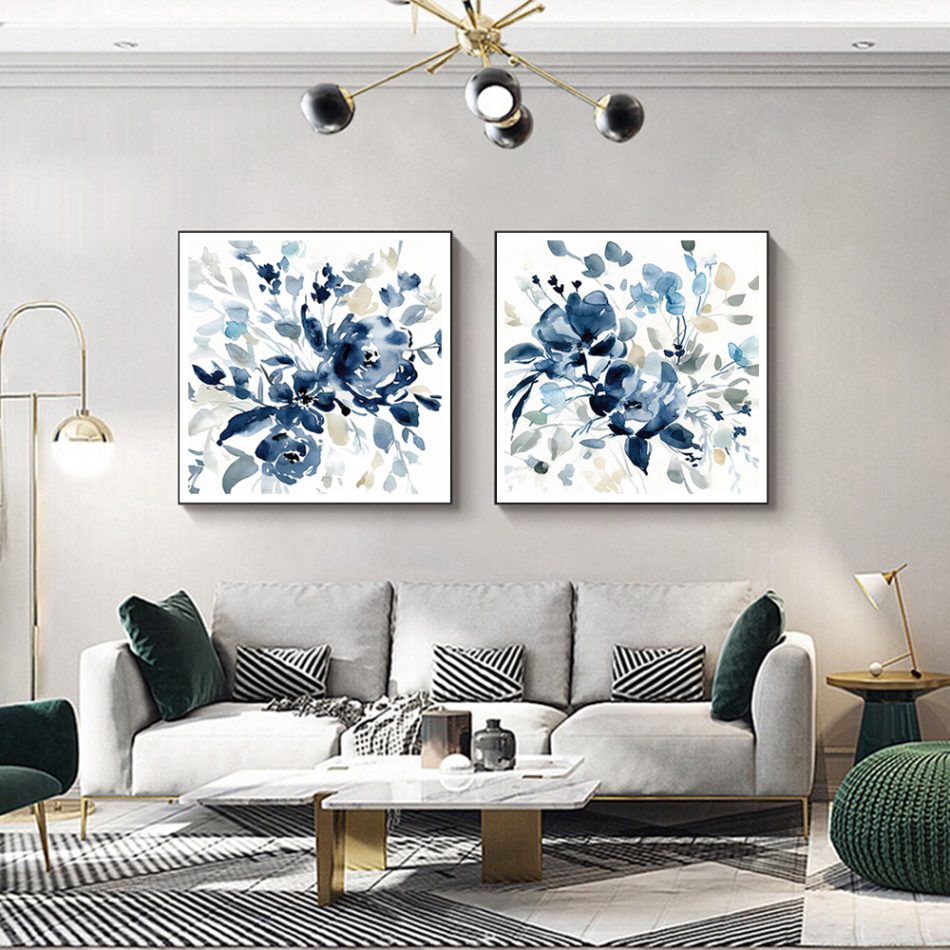 Wall Art 60cmx60cm Indigo Garden By Carol Robinson 2 Sets Black Frame Canvas - Image 3