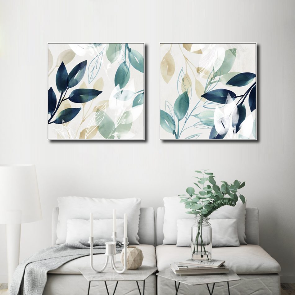 Wall Art 70cmx70cm Watercolour style leaves 2 Sets White Frame Canvas - Image 2