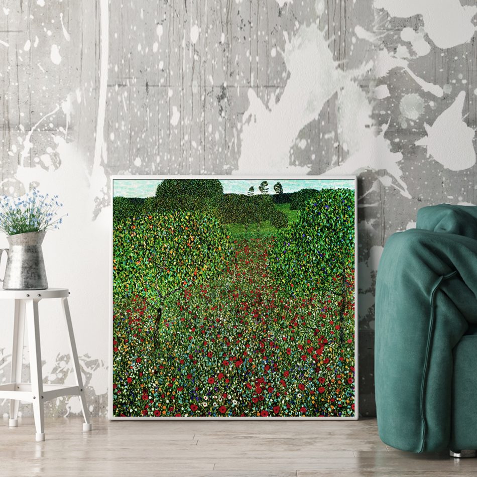 Wall Art 50cmx50cm Field of Poppies by Gustav Klimt White Frame Canvas - Image 2