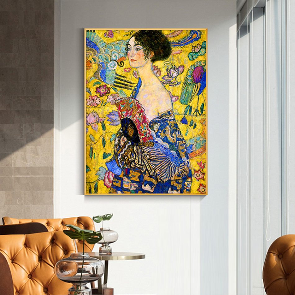 Wall Art 50cmx70cm Lady With A fan By Klimt Gold Frame Canvas - Image 2