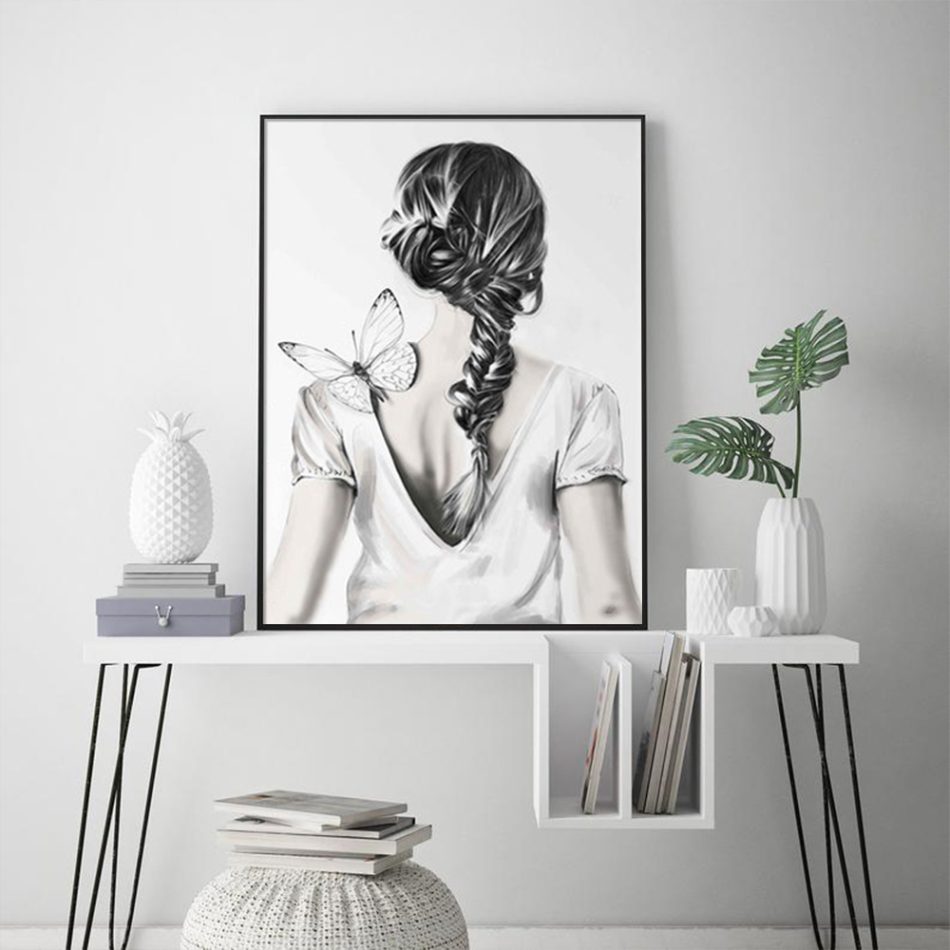 Wall Art 60cmx90cm Woman Back With Butterfly Black Frame Canvas - Image 4