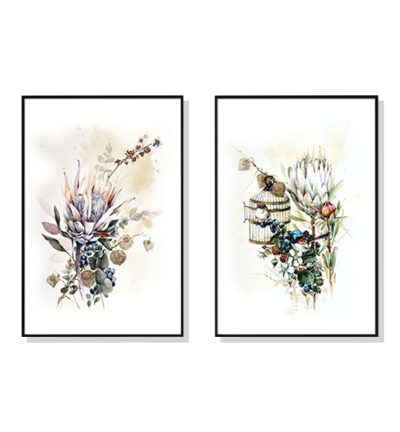 Wall Art 60cmx90cm Berries And Protea 2 Sets Black Frame Canvas