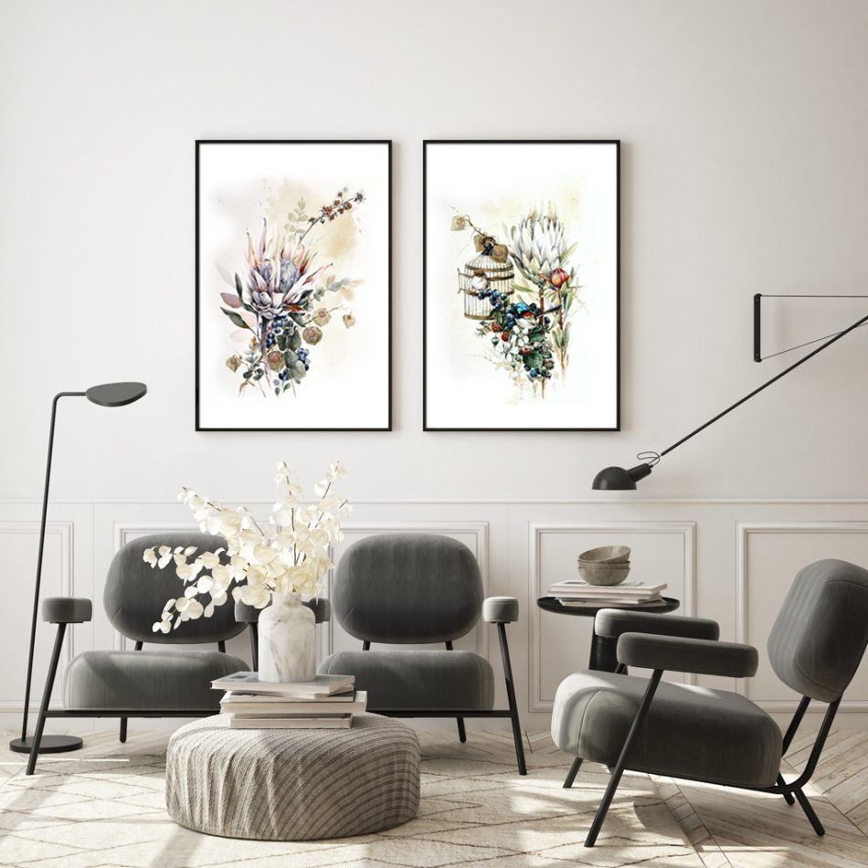 Wall Art 70cmx100cm Berries And Protea 2 Sets Black Frame Canvas - Image 3