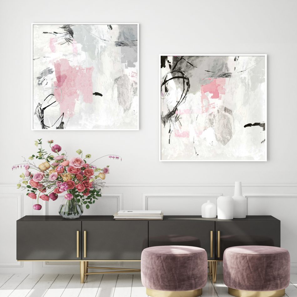 Wall Art 60cmx60cm Abstract Pink Grey 2 Sets White Frame Canvas - Image 2