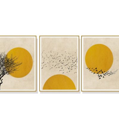 Wall Art 50cmx70cm Flock Of Birds Sun Silhouette 3 Sets Gold Frame Canvas