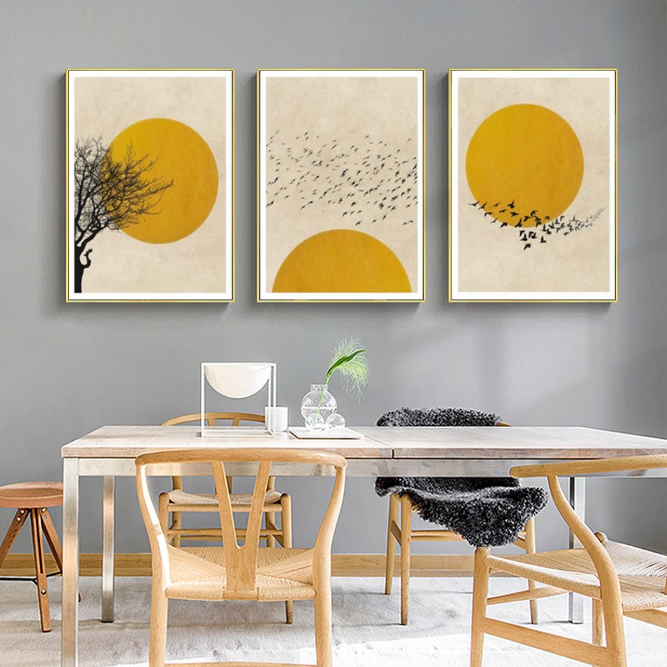 Wall Art 60cmx90cm Flock Of Birds Sun Silhouette 3 Sets Gold Frame Canvas - Image 3