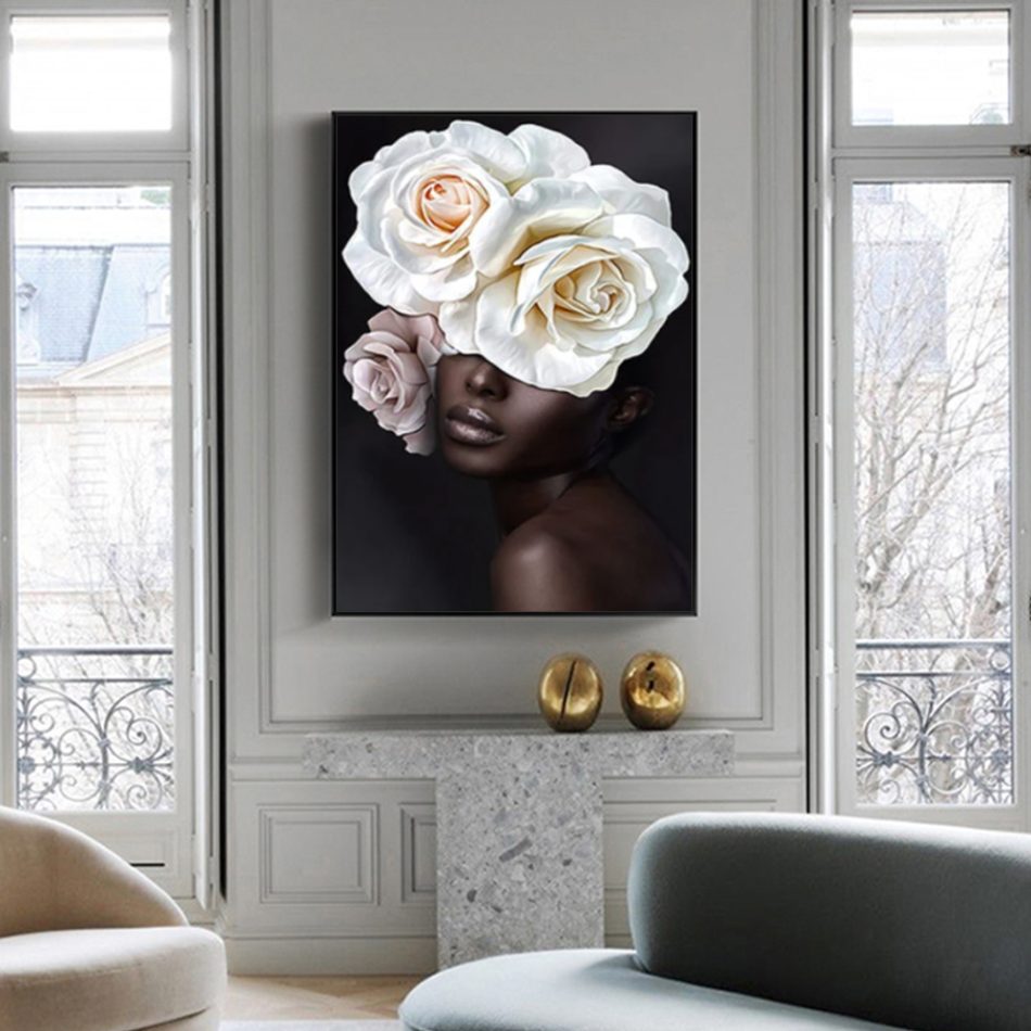Wall Art 60cmx90cm Flower African Woman Black Frame Canvas - Image 2