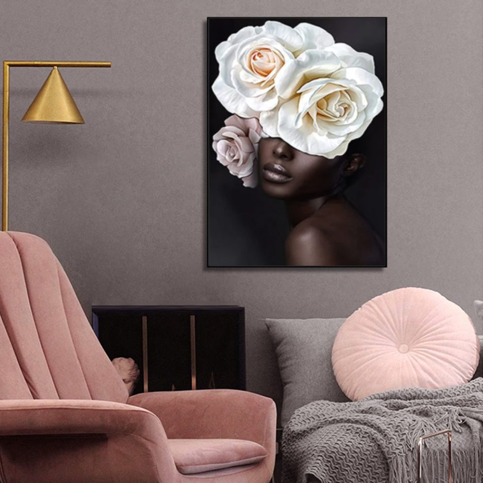 Wall Art 60cmx90cm Flower African Woman Black Frame Canvas - Image 4