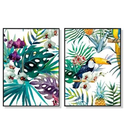 Wall Art 70cmx100cm Toucan and orchid 2 Sets Black Frame Canvas