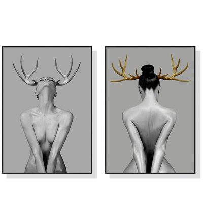 Wall Art 50cmx70cm Girl With Gold Horn 2 Sets Black Frame Canvas