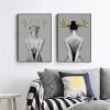 Wall Art 70cmx100cm Girl With Gold Horn 2 Sets Black Frame Canvas - Image 2