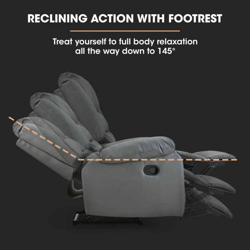 Fortia Luxury Recliner Lounge Chair, Single Faux Leather Armchair, for Home Theatre Cinema, Elderly, Grey - Image 2