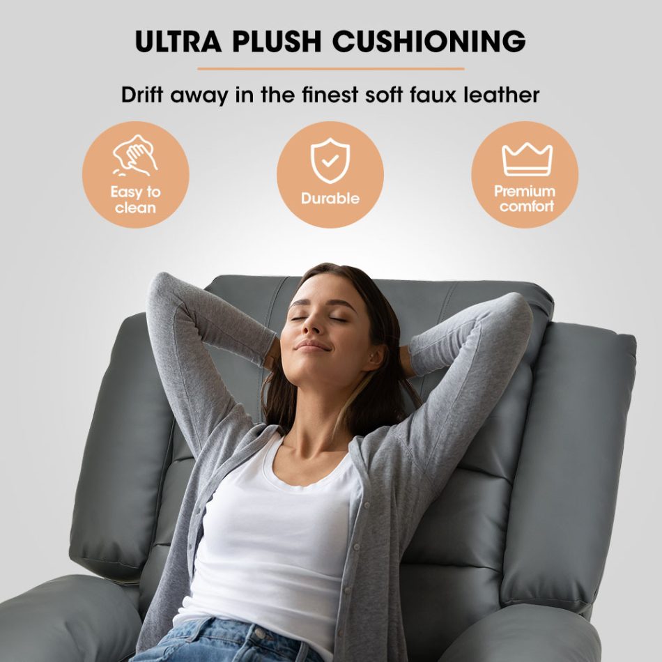 Fortia Luxury Recliner Lounge Chair, Single Faux Leather Armchair, for Home Theatre Cinema, Elderly, Grey - Image 3