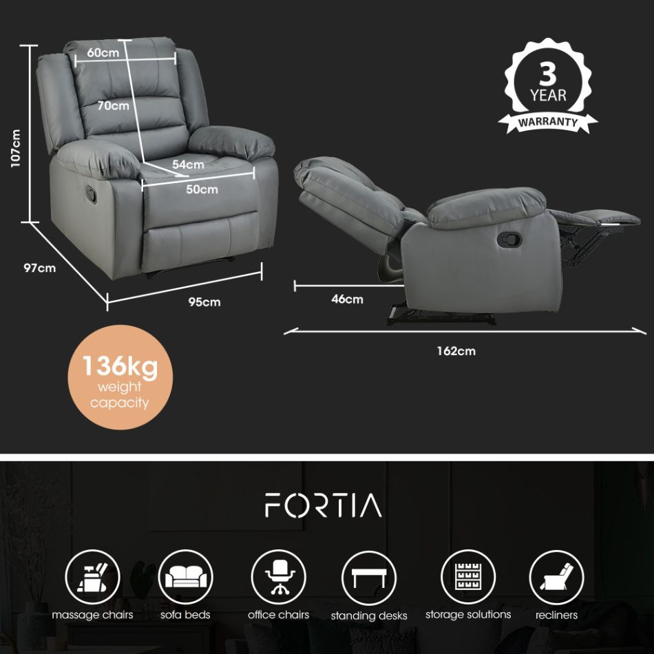 Fortia Luxury Recliner Lounge Chair, Single Faux Leather Armchair, for Home Theatre Cinema, Elderly, Grey - Image 6
