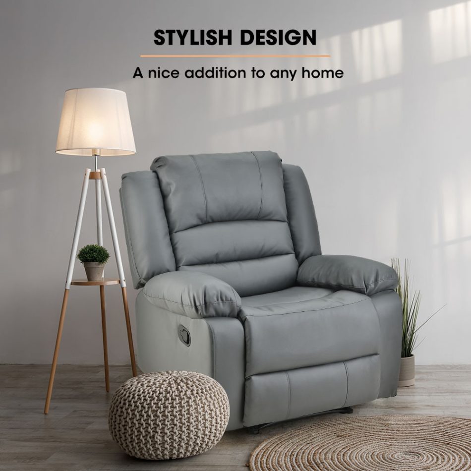 Fortia Luxury Recliner Lounge Chair, Single Faux Leather Armchair, for Home Theatre Cinema, Elderly, Grey - Image 8