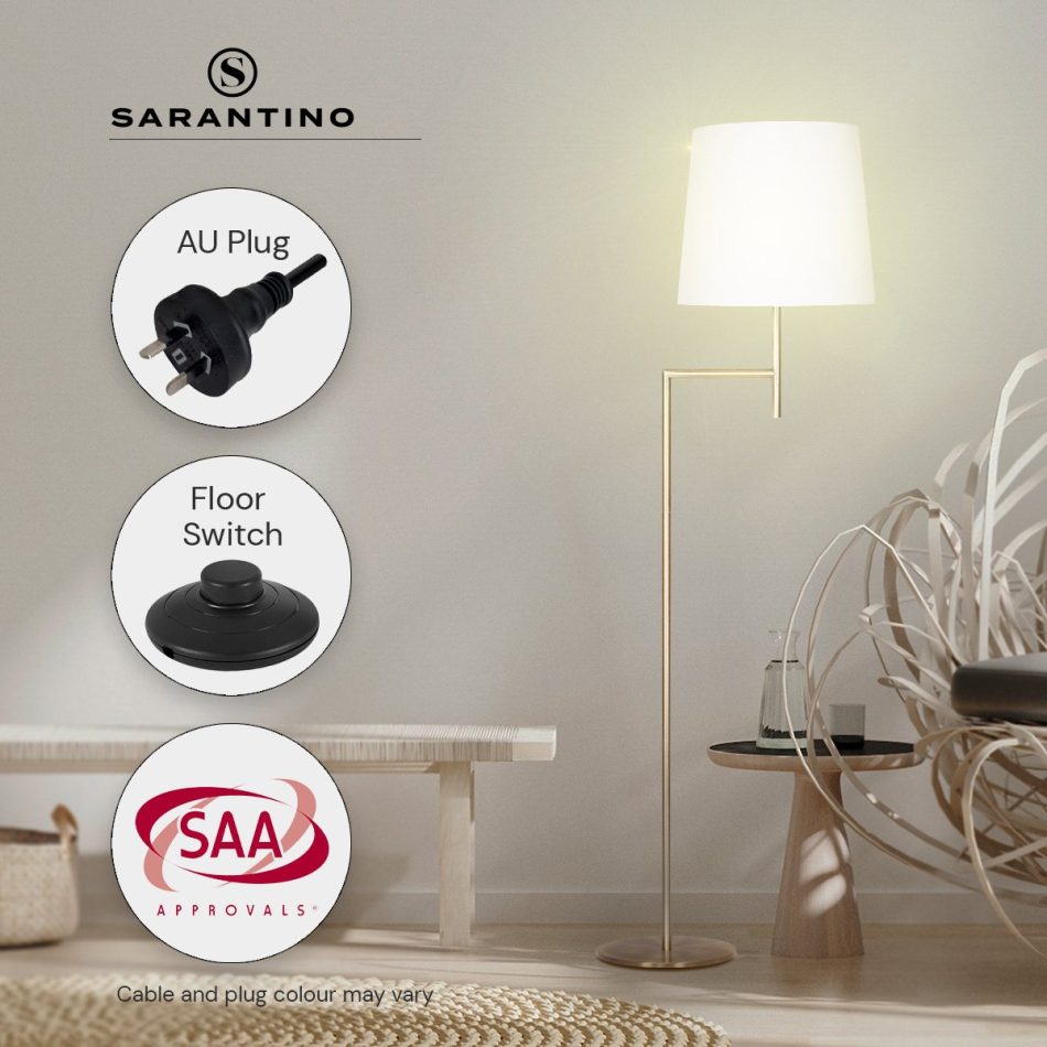 Sarantino Metal Floor Lamp in Antique Brass Finish with Cream Linen Fabric Shade - Image 9