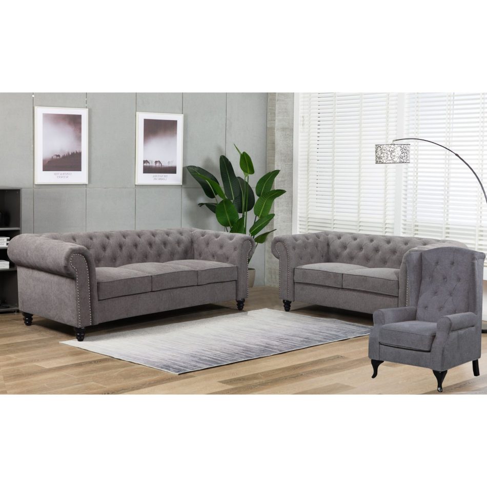 Mellowly Set of 2 Wing Back Chair Sofa Fabric Chesterfield Armchair  - Grey - Image 2