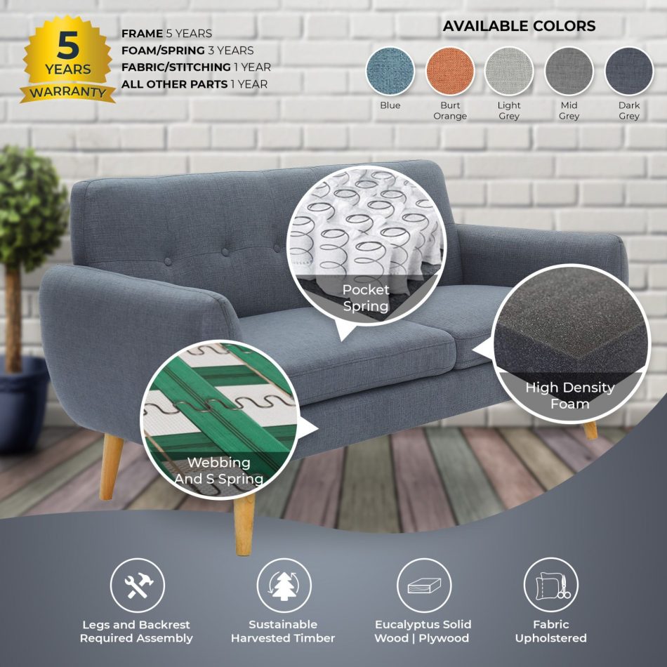 Dane 3 + 1 Seater Fabric Upholstered Sofa Armchair Lounge Couch - Dark Grey - Image 6