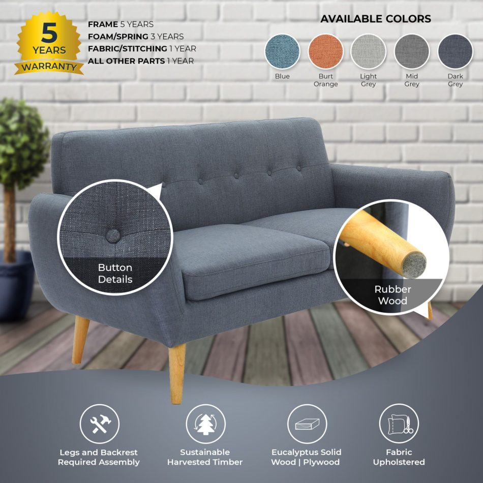Dane 3 + 1 Seater Fabric Upholstered Sofa Armchair Lounge Couch - Dark Grey - Image 7