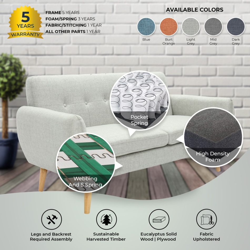 Dane 3 + 1 Seater Fabric Upholstered Sofa Armchair Lounge Couch - Light Grey - Image 6