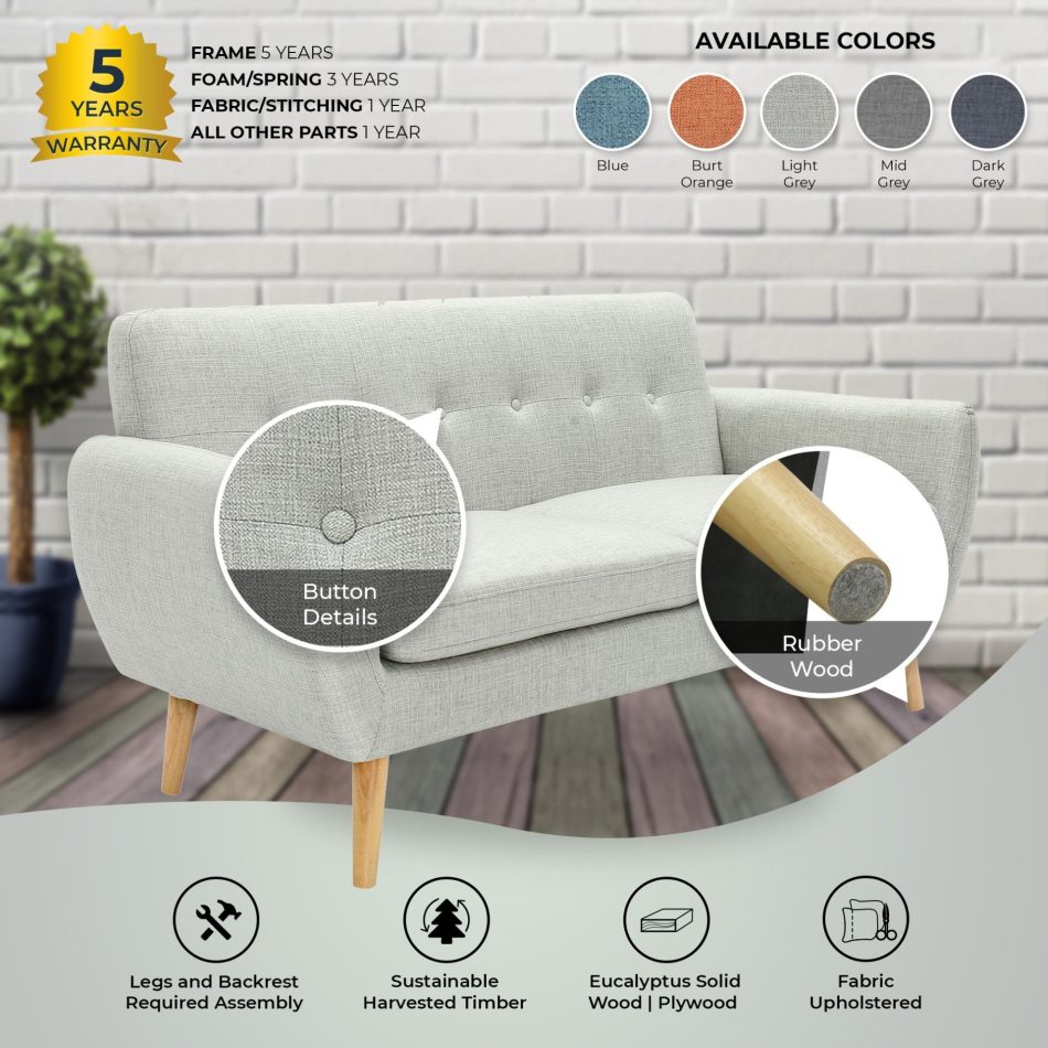 Dane 3 + 1 Seater Fabric Upholstered Sofa Armchair Lounge Couch - Light Grey - Image 7