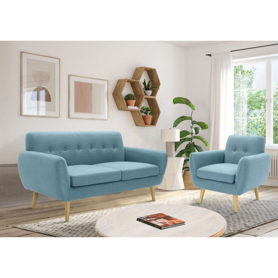 Dane 3 + 1 Seater Fabric Upholstered Sofa Armchair Lounge Couch - Blue - Image 2