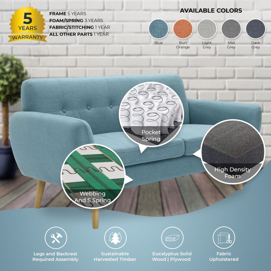 Dane 3 + 1 Seater Fabric Upholstered Sofa Armchair Lounge Couch - Blue - Image 7