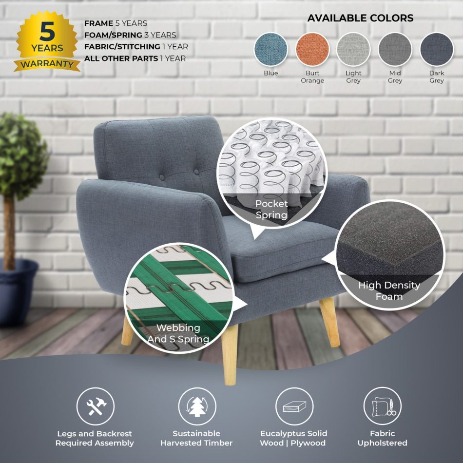 Dane Single Seater Fabric Upholstered Sofa Armchair Lounge Couch - Dark Grey - Image 5