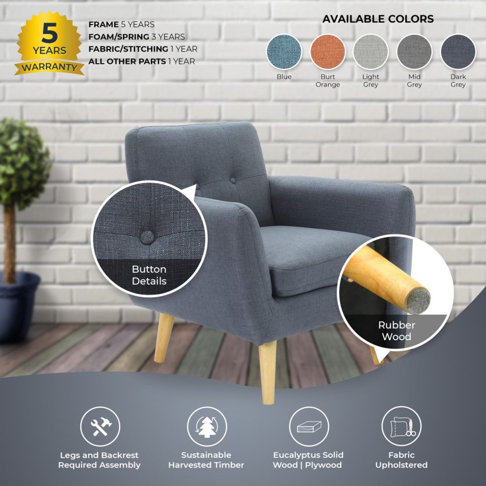 Dane Single Seater Fabric Upholstered Sofa Armchair Lounge Couch - Dark Grey - Image 6