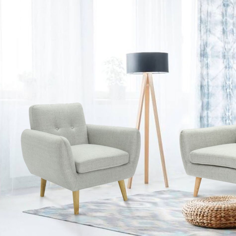 Dane Single Seater Fabric Upholstered Sofa Armchair Lounge Couch - Light Grey - Image 3