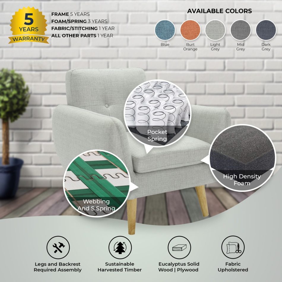 Dane Single Seater Fabric Upholstered Sofa Armchair Lounge Couch - Light Grey - Image 4