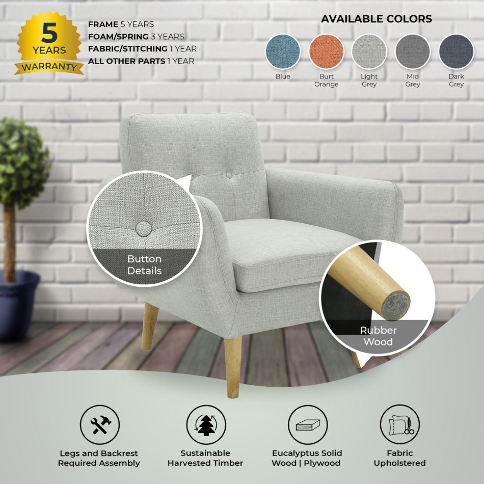 Dane Single Seater Fabric Upholstered Sofa Armchair Lounge Couch - Light Grey - Image 5