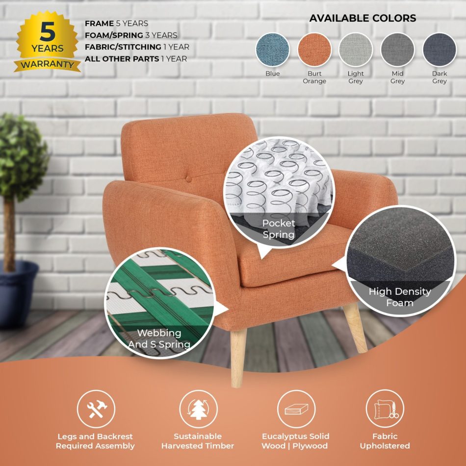 Dane Single Seater Fabric Upholstered Sofa Armchair Lounge Couch - Orange - Image 5