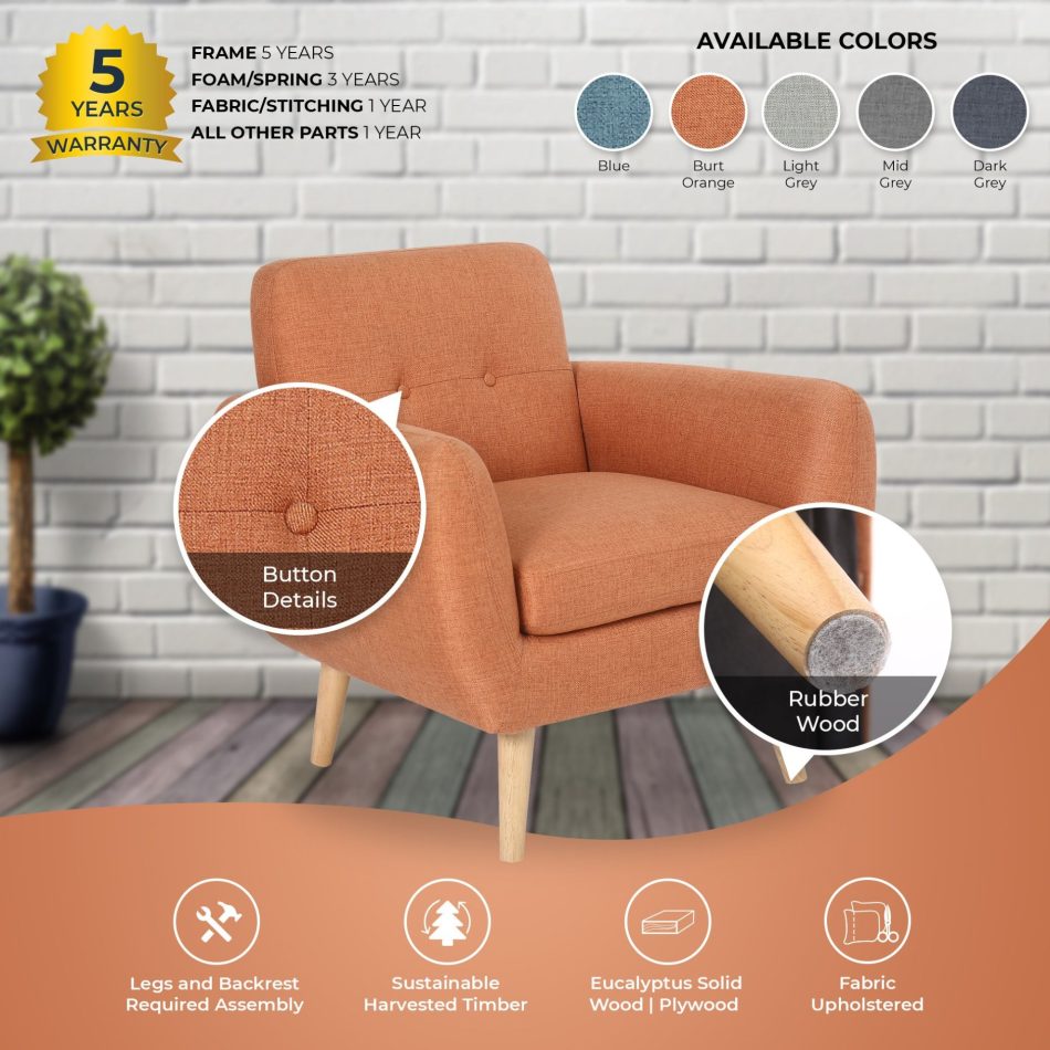 Dane Single Seater Fabric Upholstered Sofa Armchair Lounge Couch - Orange - Image 6