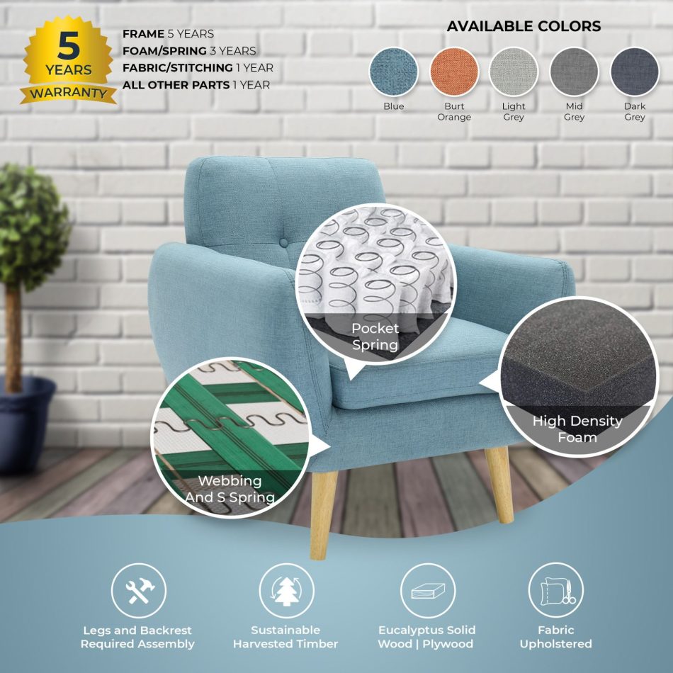 Dane Single Seater Fabric Upholstered Sofa Armchair Set of 2 - Blue - Image 5