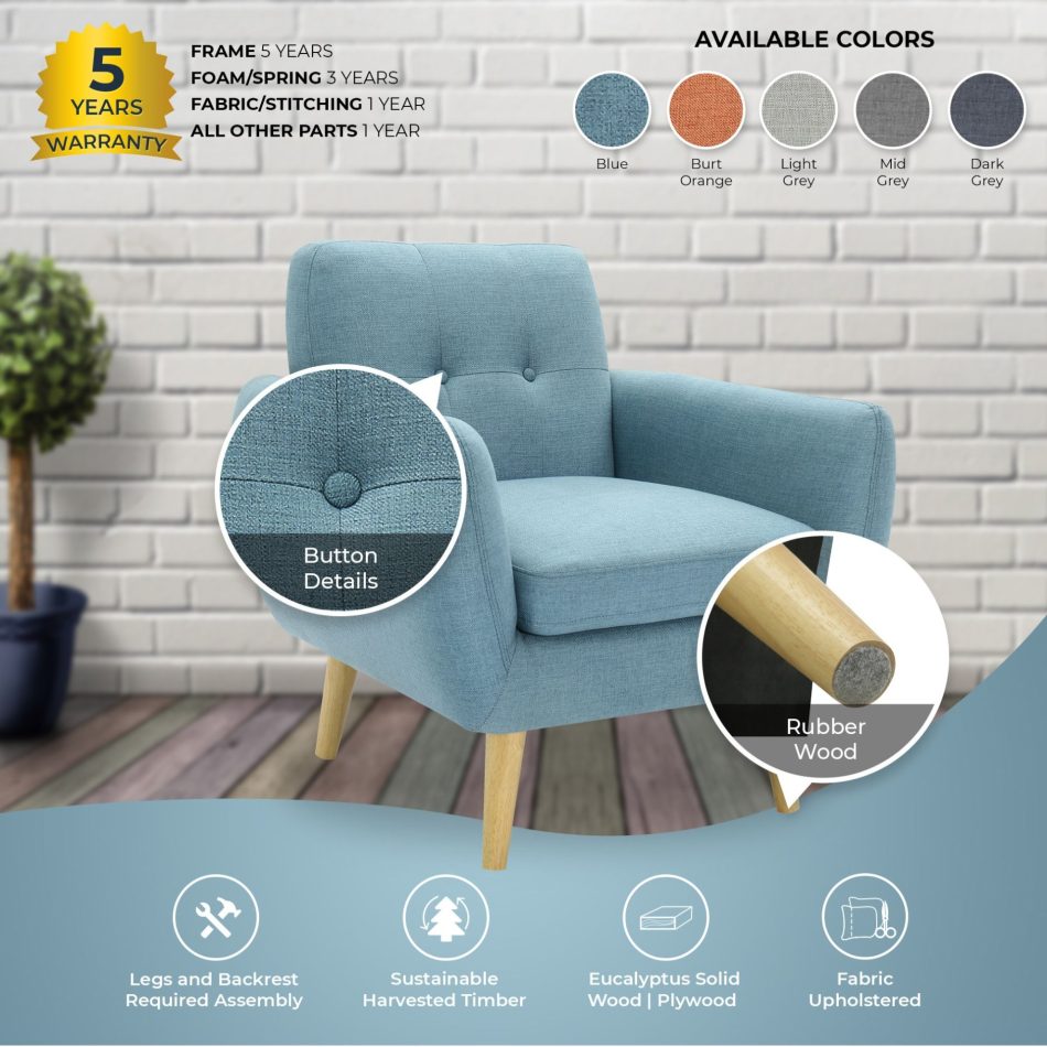 Dane Single Seater Fabric Upholstered Sofa Armchair Set of 2 - Blue - Image 6